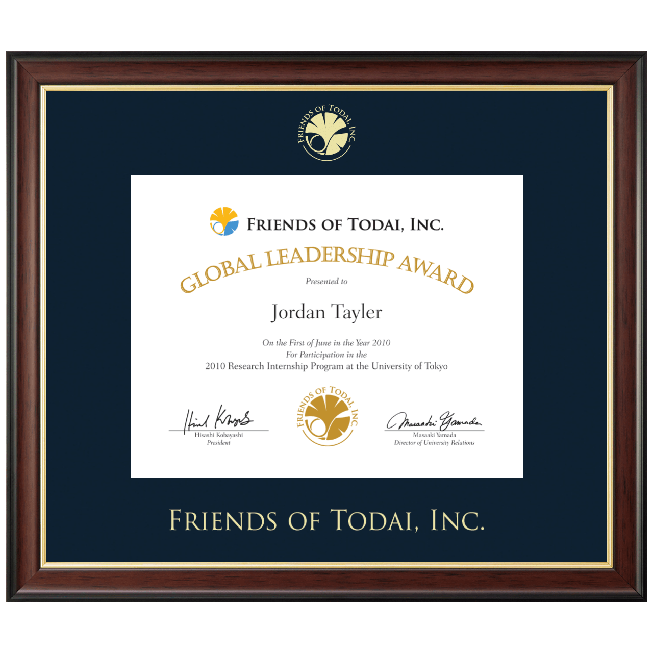Gold Embossed Certificate Frame in Studio Gold Friends of Todai Inc