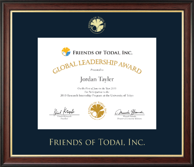 Friends of Todai, Inc. certificate frame - Gold Embossed Certificate Frame in Studio Gold