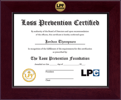 The Loss Prevention Foundation diploma frame - Century Gold Engraved Certificate Frame in Cordova