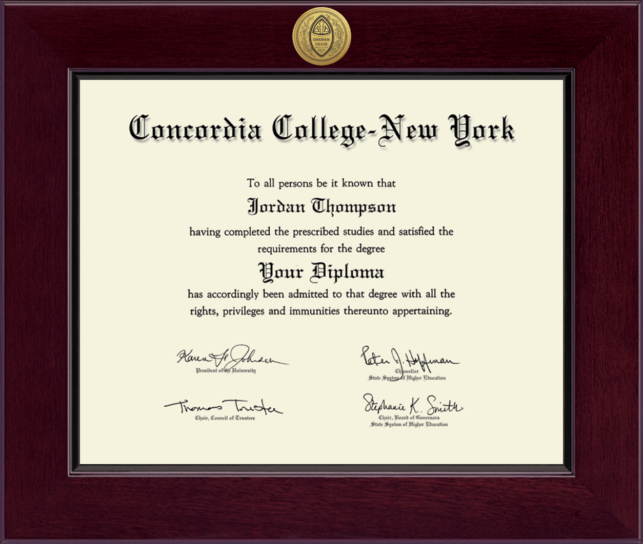 Concordia College New York Century Gold Engraved Diploma Frame in