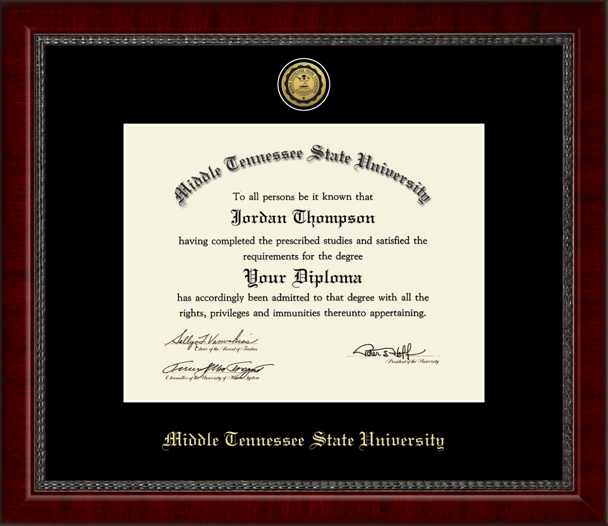 Matte Mahogany, 20 x 20 Signature Announcements Middle Tennessee State University Graduate Graduation Diploma Frame with Sculpted Foil Seal /& Name MTSU
