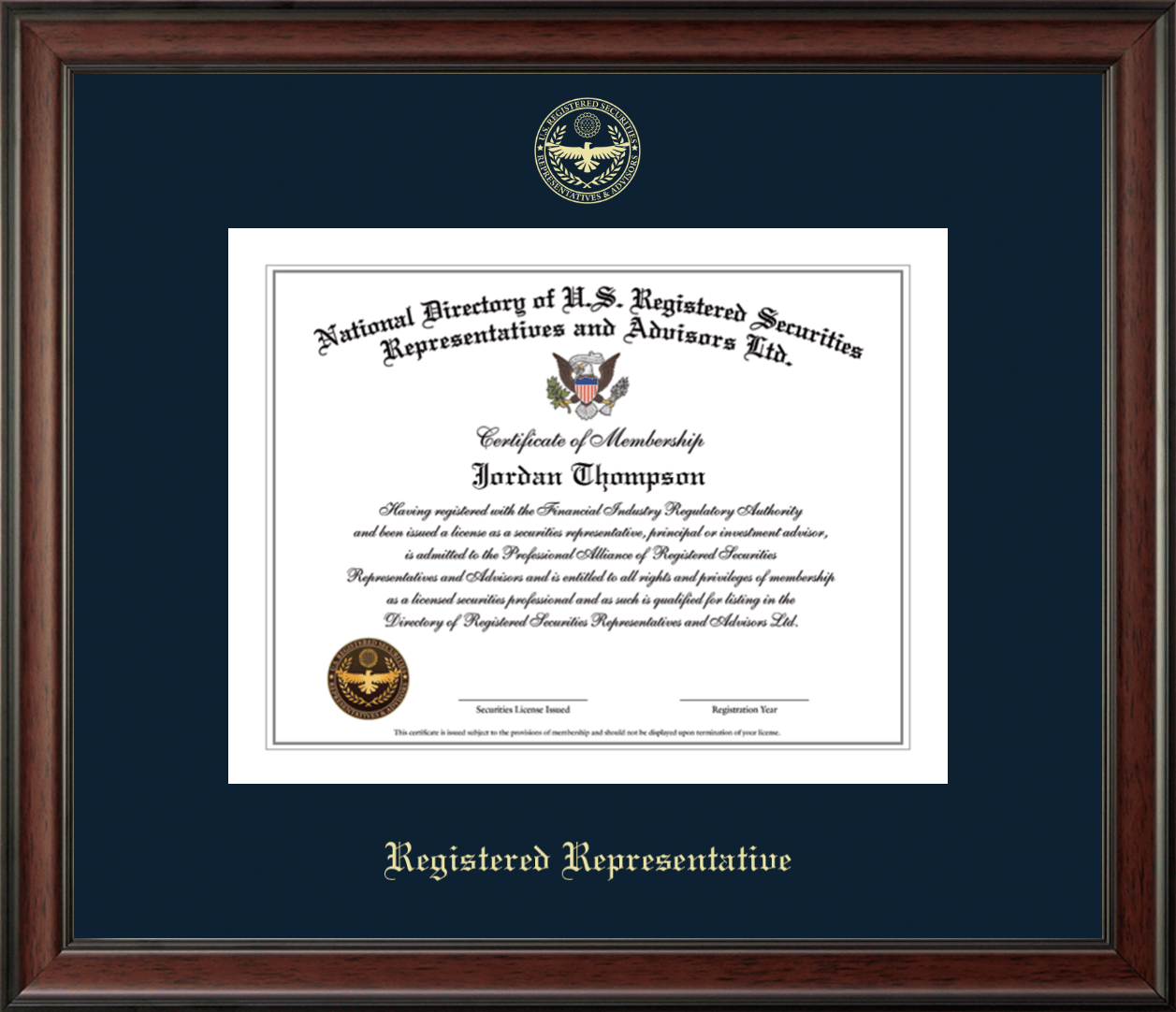 National Directory Of Us Registered Securities Representatives Advisors Registered Representative Gold Embossed Certificate Frame In Studio Item 259243 From National Directory Of U S Registered Securities Representatives Advisors