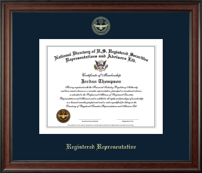 National Directory of U.S. Registered Securities Representatives & Advisors certificate frame - Registered Representative Gold Embossed Certificate Frame in Studio