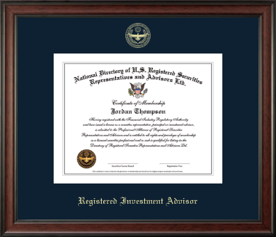 National Directory of U.S. Registered Securities Representatives & Advisors certificate frame - Registered Investment Advisor Gold Embossed Certificate Frame in Studio