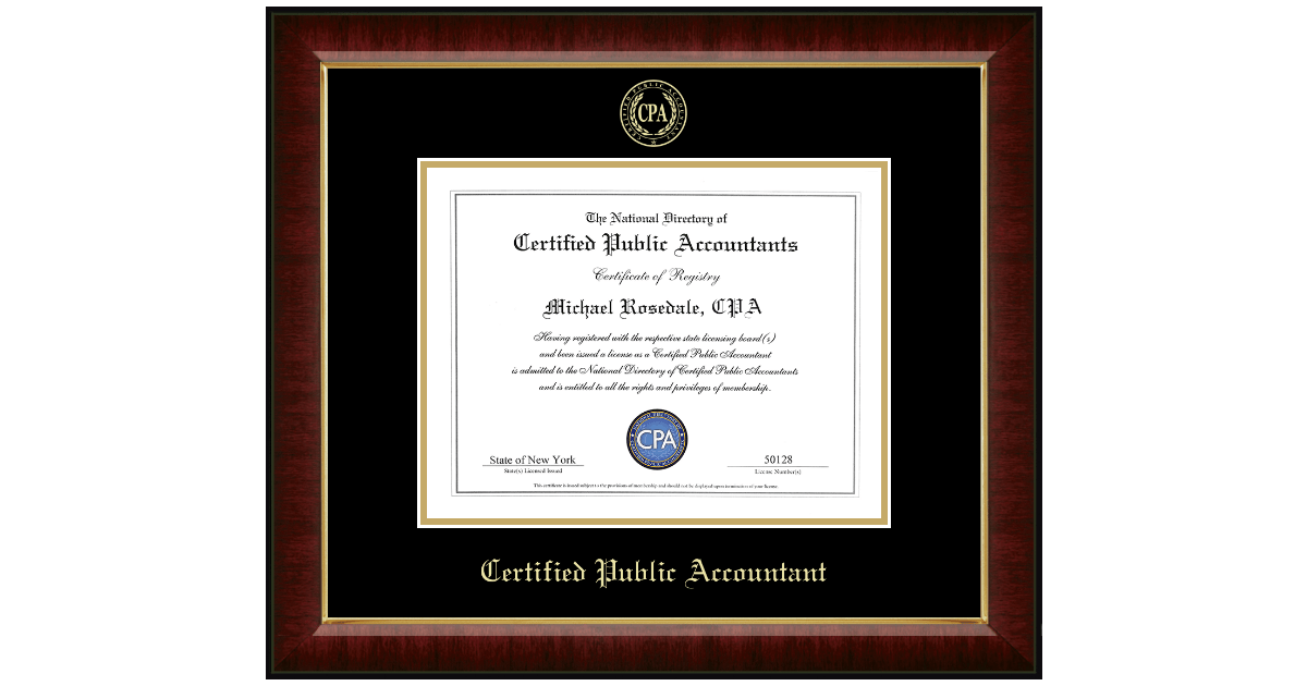 Gold Embossed Certificate Frame in Murano CPA Directory Inc Item