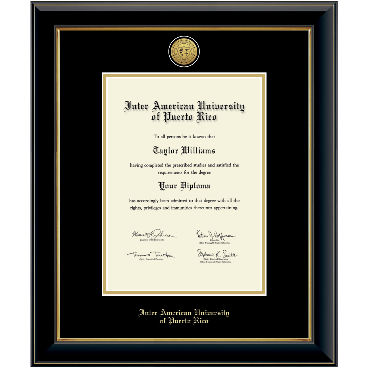 Gold Engraved Medallion Diploma Frame in Onyx Gold Inter American University of Puerto Rico