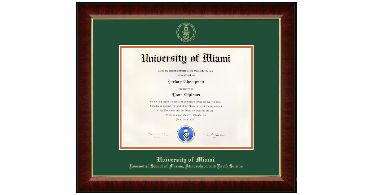 Gold Embossed Diploma Frame in Murano University of Miami Item