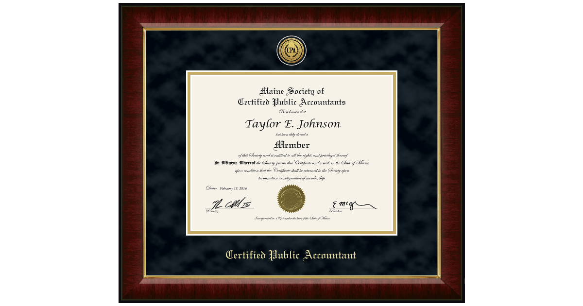 Gold Engraved Medallion Certificate Frame in Murano Maine Society of