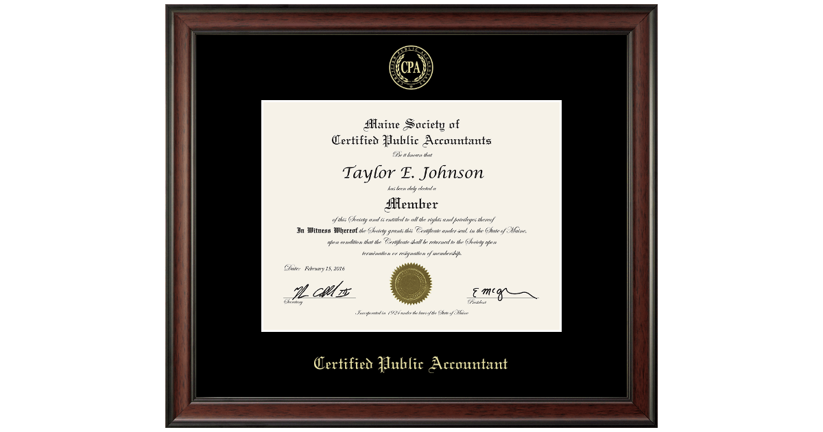 Gold Embossed Certificate Frame in Studio Maine Society of Certified
