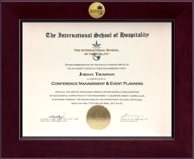 The International School of Hospitality certificate frame - Century Gold Engraved Certificate Frame in Cordova