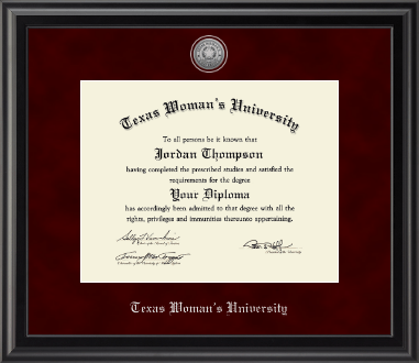 Texas Woman's University diploma frame - Silver Engraved Medallion Diploma Frame in Midnight