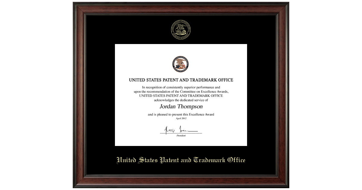 Gold Embossed Certificate Frame In Studio US Patent And Trademark ...