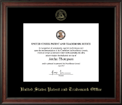 US Patent and Trademark Office Gold Embossed Certificate Frame in Studio