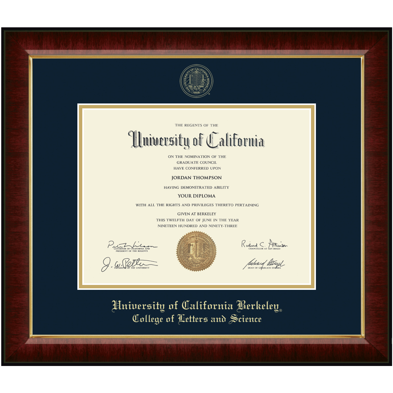 Gold Embossed Diploma Frame in Murano University of California Berkeley