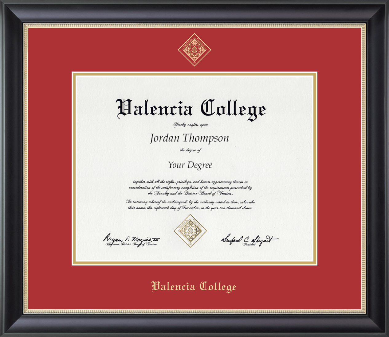 Valencia College Bachelors Gold Embossed Diploma Frame in Noir Item