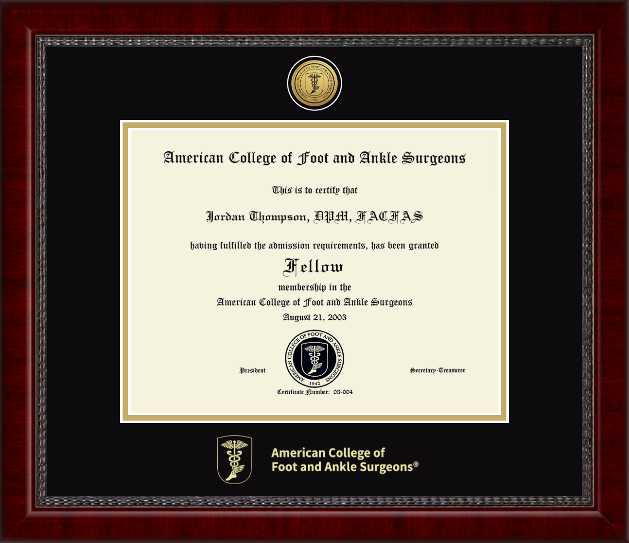 American College of Foot and Ankle Surgeons Gold Engraved Medallion