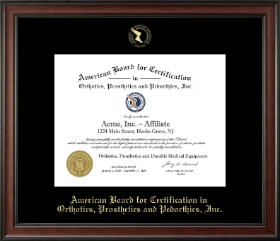 American Board for Certification in Orthotics, Prosthetics & Pedorthics certificate frame - Gold Embossed Certificate Frame in Studio