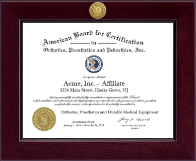 American Board for Certification in Orthotics, Prosthetics & Pedorthics certificate frame - Century Gold Engraved Certificate Frame in Cordova