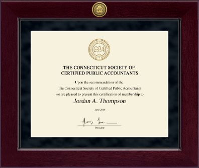 Connecticut Society of Certified Public Accountants certificate frame - Millennium Gold Engraved Certificate Frame in Cordova