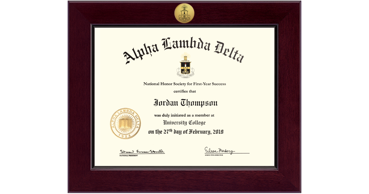 Century Gold Engraved Certificate Frame in Cordova Alpha Lambda Delta ...