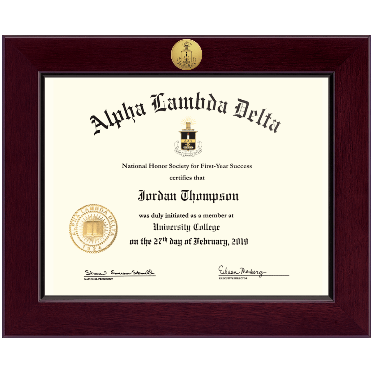 Century Gold Engraved Certificate Frame in Cordova Alpha Lambda Delta