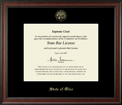 State of Ohio certificate frame - Gold Embossed Certificate Frame Studio in Studio