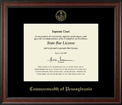 Commonwealth of Pennsylvania certificate frame - Gold Embossed Certificate Frame in Studio