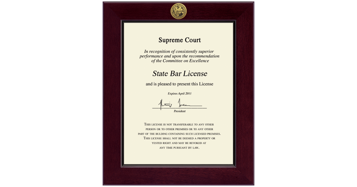 Century Gold Engraved Certificate Frame Vertical in Cordova State of