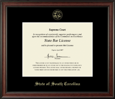 State of South Carolina certificate frame - Gold Embossed Certificate Frame in Studio