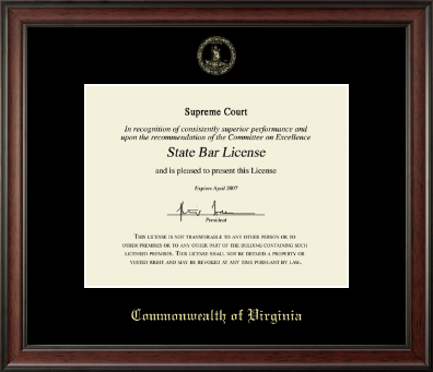 Commonwealth of Virginia certificate frame - Gold Embossed Certificate Frame in Studio