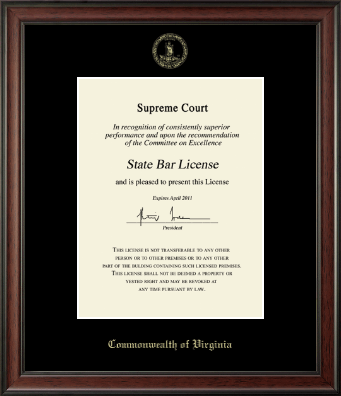 Commonwealth of Virginia certificate frame - Gold Embossed Certificate Frame in Studio
