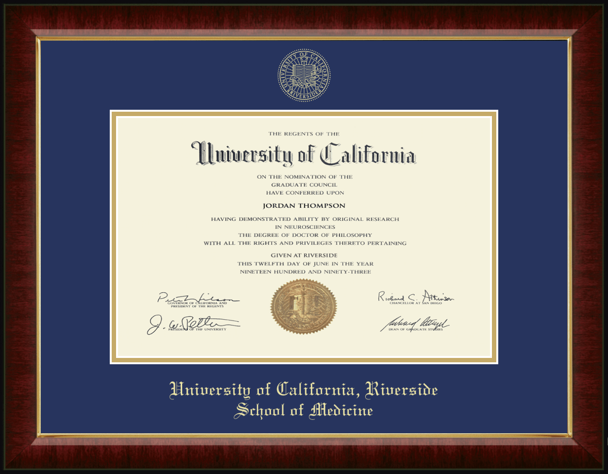 University of California Riverside Gold Embossed Diploma Frame in