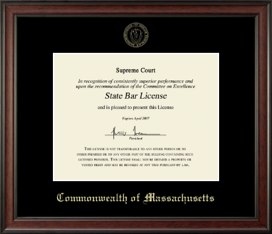 Commonwealth of Massachusetts certificate frame - Gold Embossed Certificate Frame in Studio