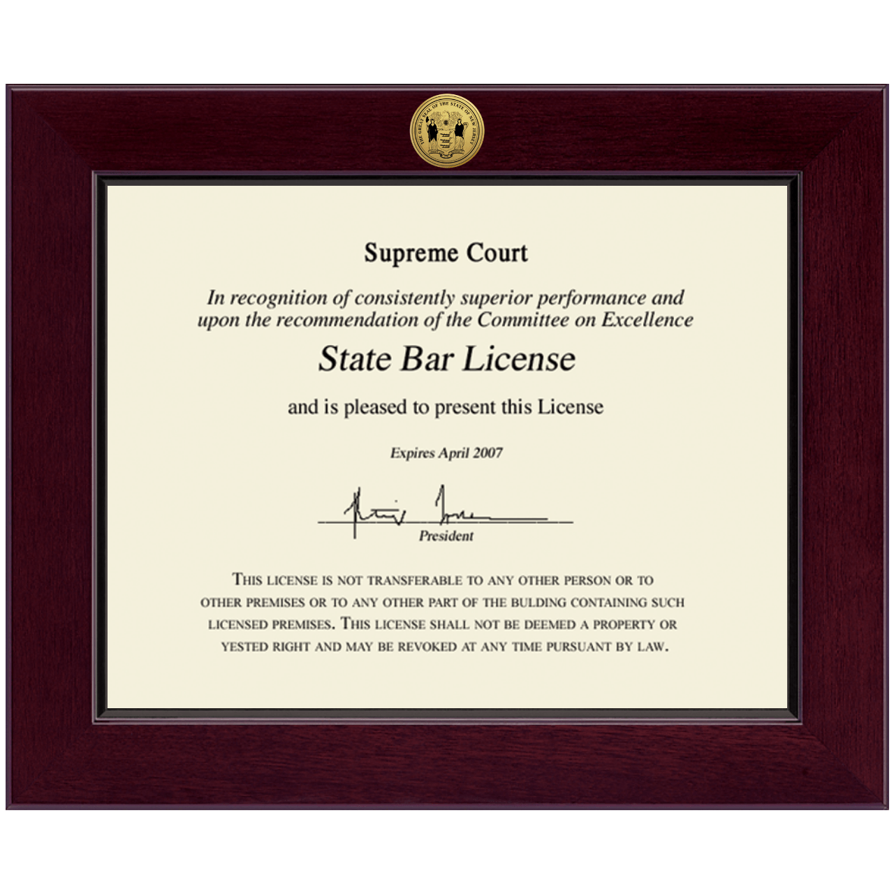 Century Gold Engraved Certificate Frame in Cordova State of New Jersey