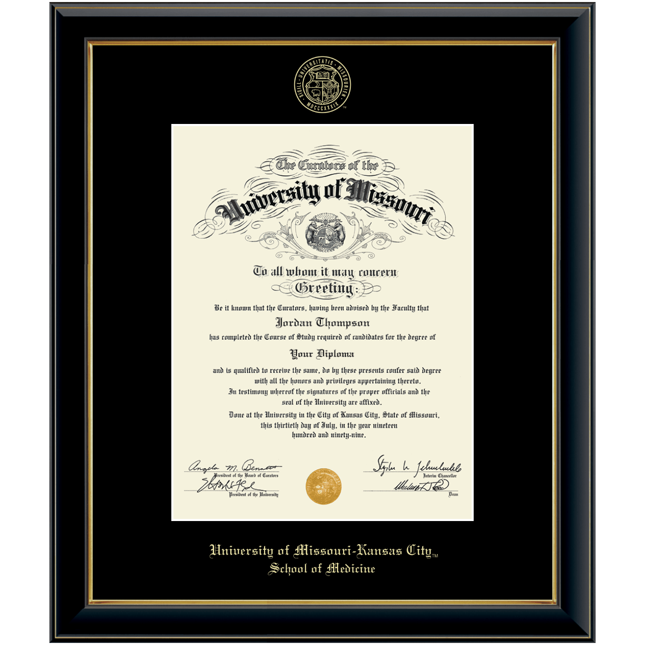Gold Embossed Diploma Frame in Onyx Gold University of Missouri Kansas