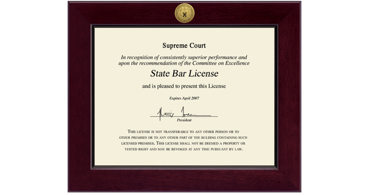 Century Gold Engraved Certificate Frame in Cordova State of Maryland