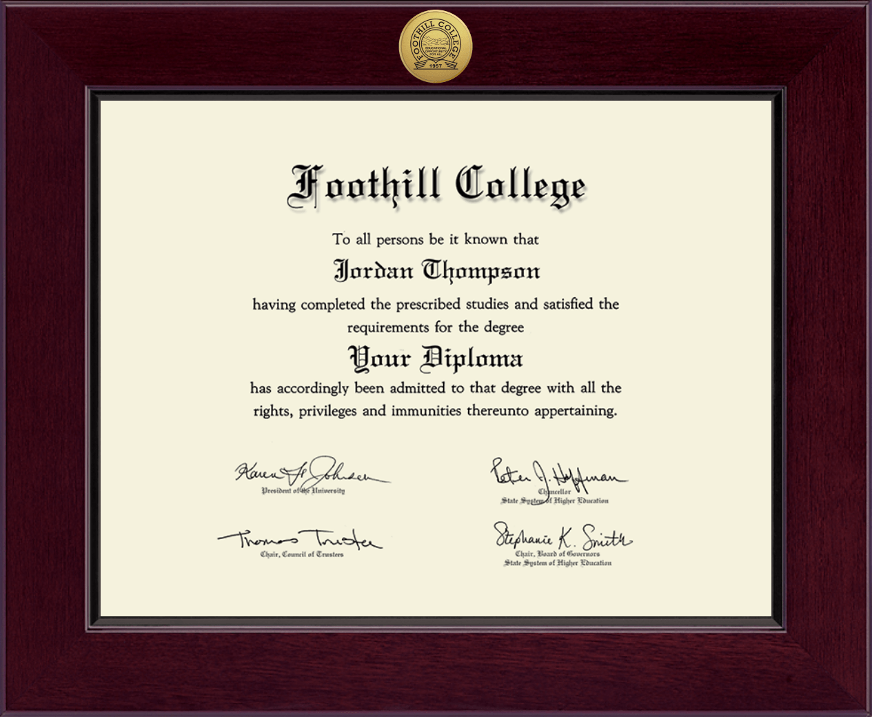 Foothill College Century Gold Engraved Diploma Frame in Cordova Item