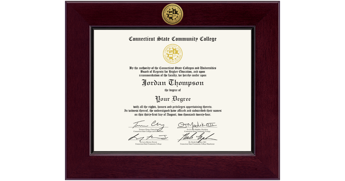Century Gold Engraved Diploma Frame in Cordova Connecticut State Community College Manchester