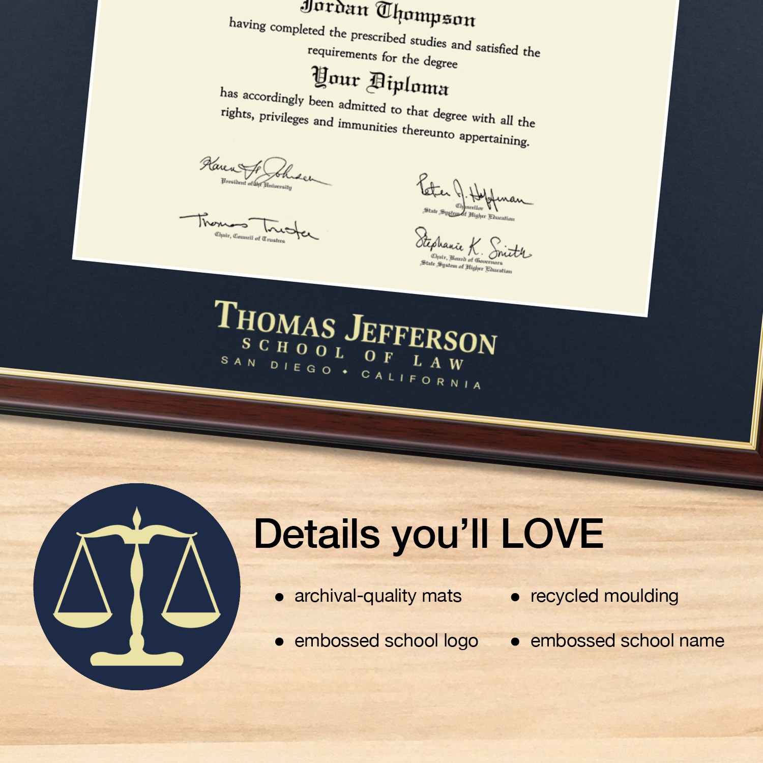 Gold Embossed Diploma Frame in Studio Gold Thomas Jefferson School