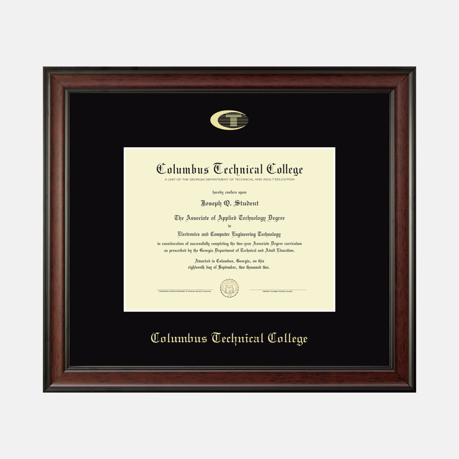 Gold Embossed Diploma Frame in Studio Columbus Technical College