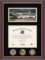 Challenge Coins Display Holders document frame - Panoramic Pentagon Document & Coin Frame in Studio Gold